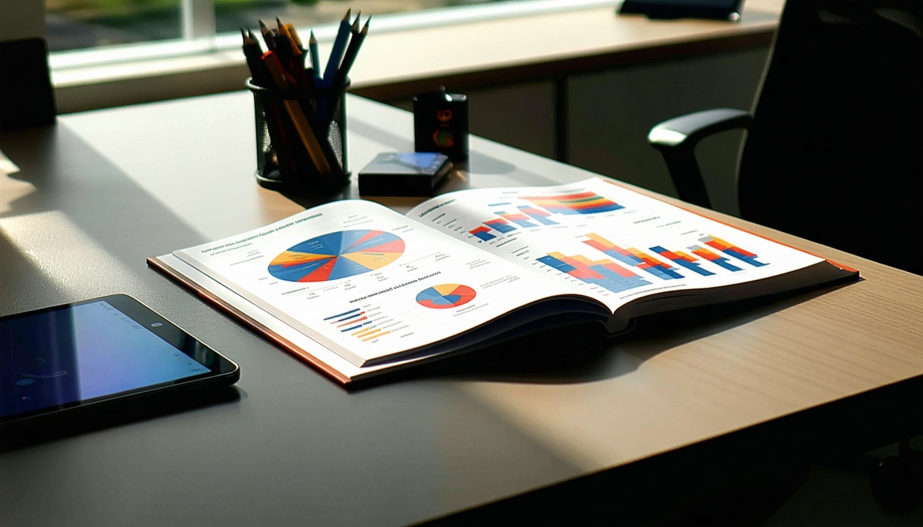 Elegantne kaasaegne kontorilaua on sileda poleeritud pinnaga, mida valgustab lähedalasuvast aknast sisse valguv loomulik valgus. Laua peal seisab silmapaistvalt seotud turundusaruanne, mille professionaalne kaane on elava kujunduse ja julge trükimärgiga-2