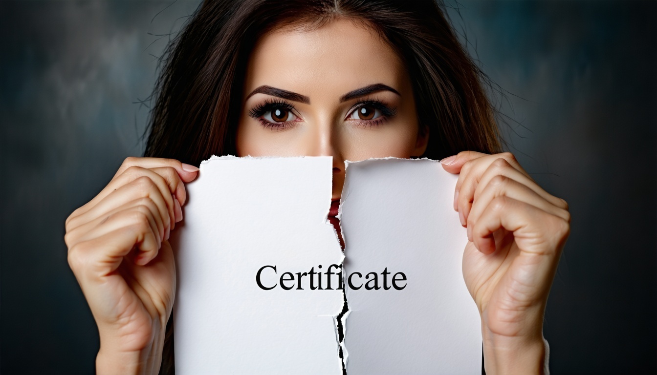 Naise käed, õrnad, kuid kindlameelsed, haaravad terava, ametliku välimusega paberilehe servi, millel on rasvases, ametlikus kirjas sõna 